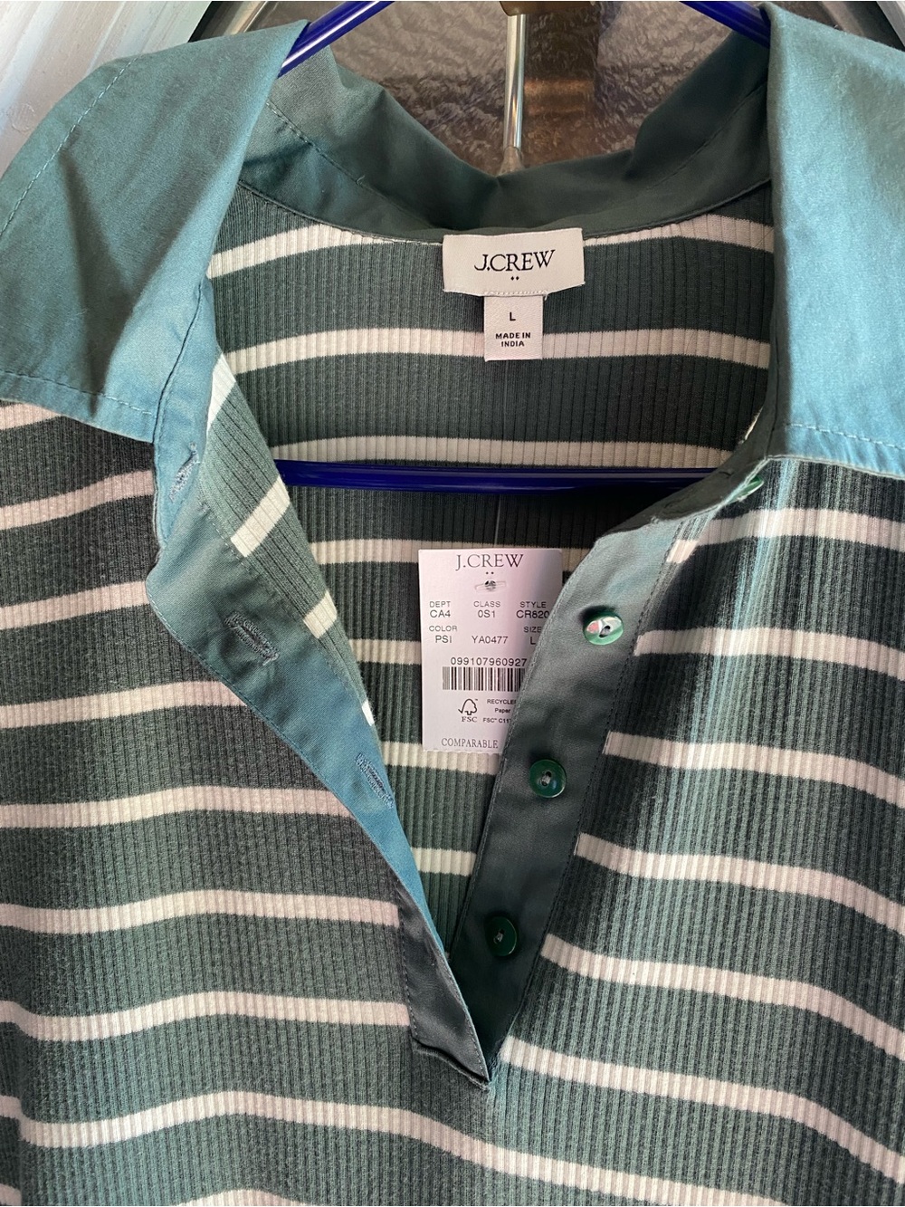 🆕 J.Crew Factory Collard Stripe Dress Sage & Ivory Size L - Picture 3 of 7